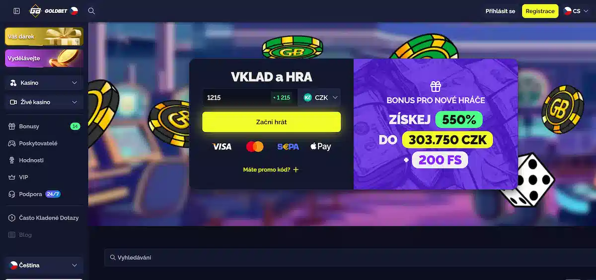 Domovská stránka Goldbet Casino s bonusovou nabídkou a výběrem her