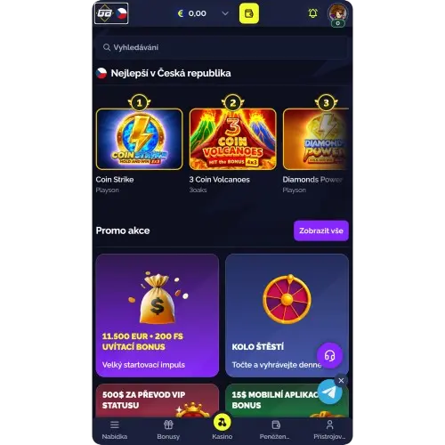 Mobilní rozhraní Goldbet Casino s promo nabídkou