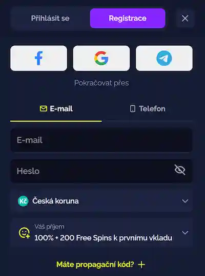 Registrační formulář s výběrem bonusu a měny CZK
