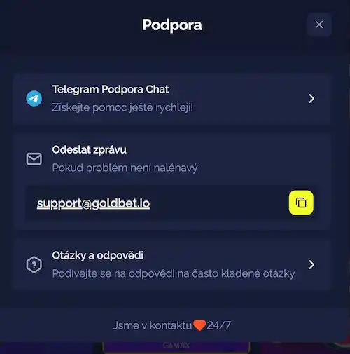 Sekce podpory Goldbet Casino dostupná 24/7